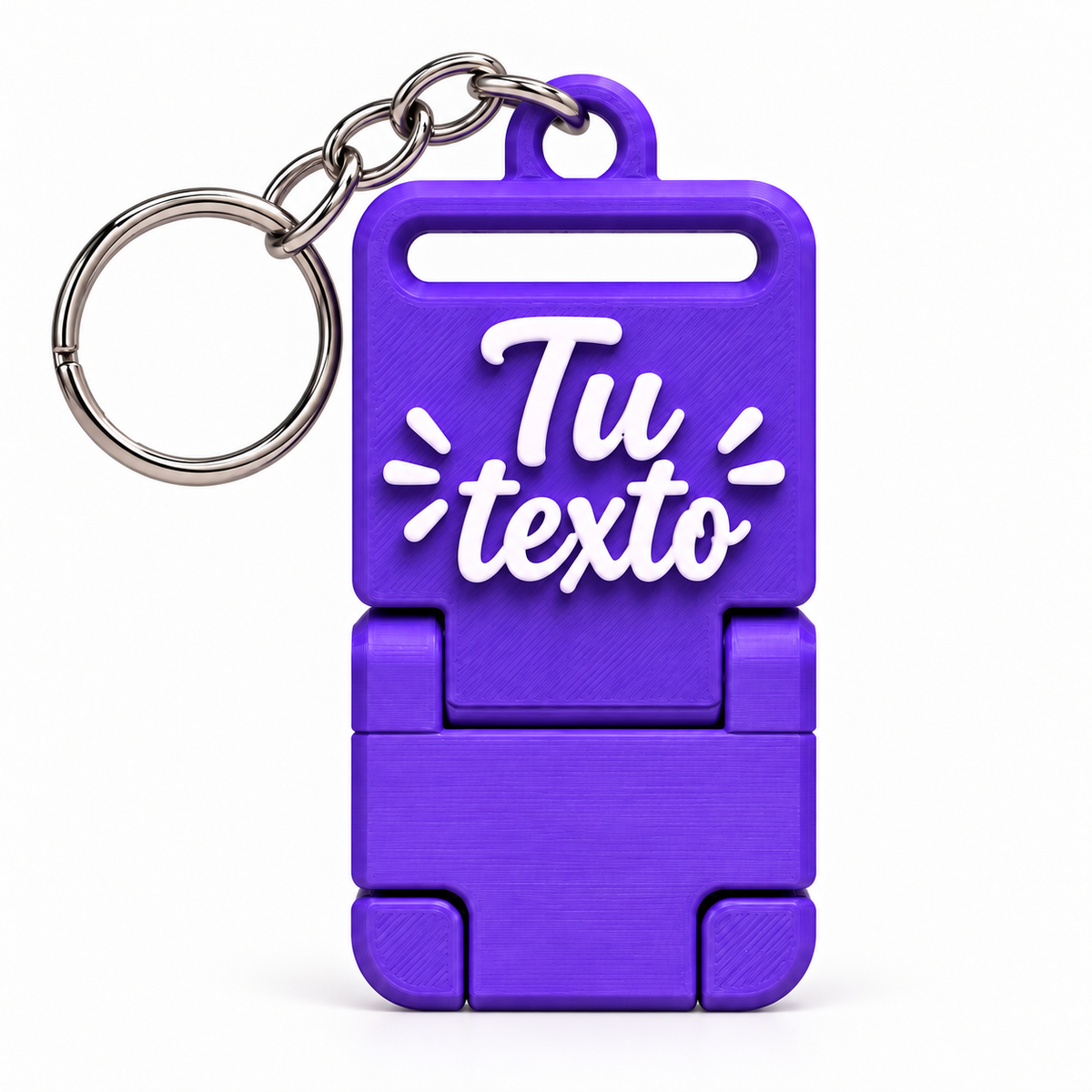Llavero portacelular violeta con argolla, cadena y aro completos, en formato cuadrado