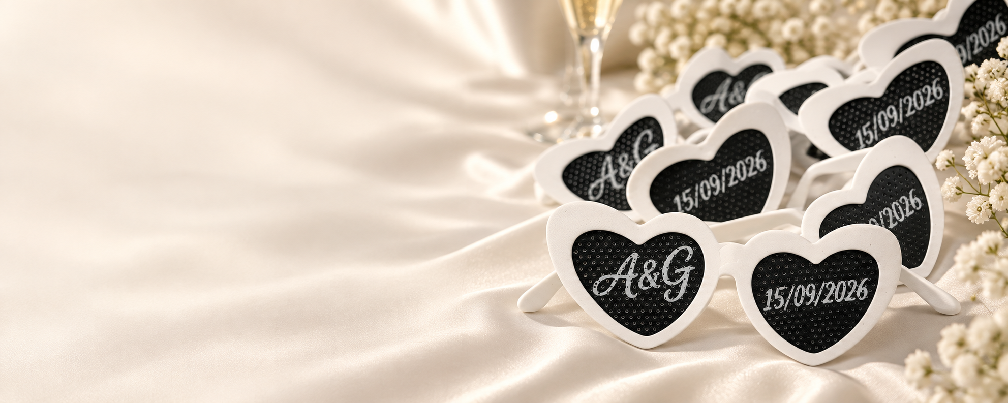 Lentes blancos de corazón personalizados para casamiento